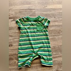 Hanna Andersson Boys Green, Blue, Yellow, Striped Pocket Romper size 6-12 Months